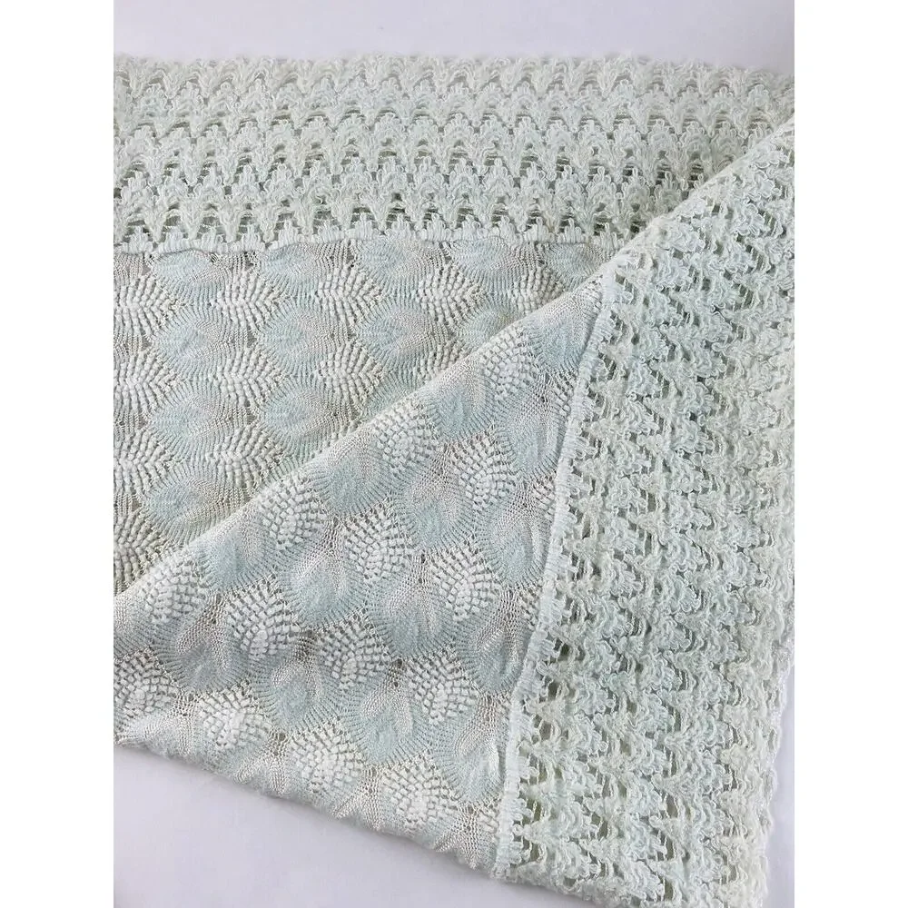 ANTIQUE BABY BLANKET DELICATE FINE 40 X 40 PALE MINT GREEN COVERLET PEACOCK VNTG